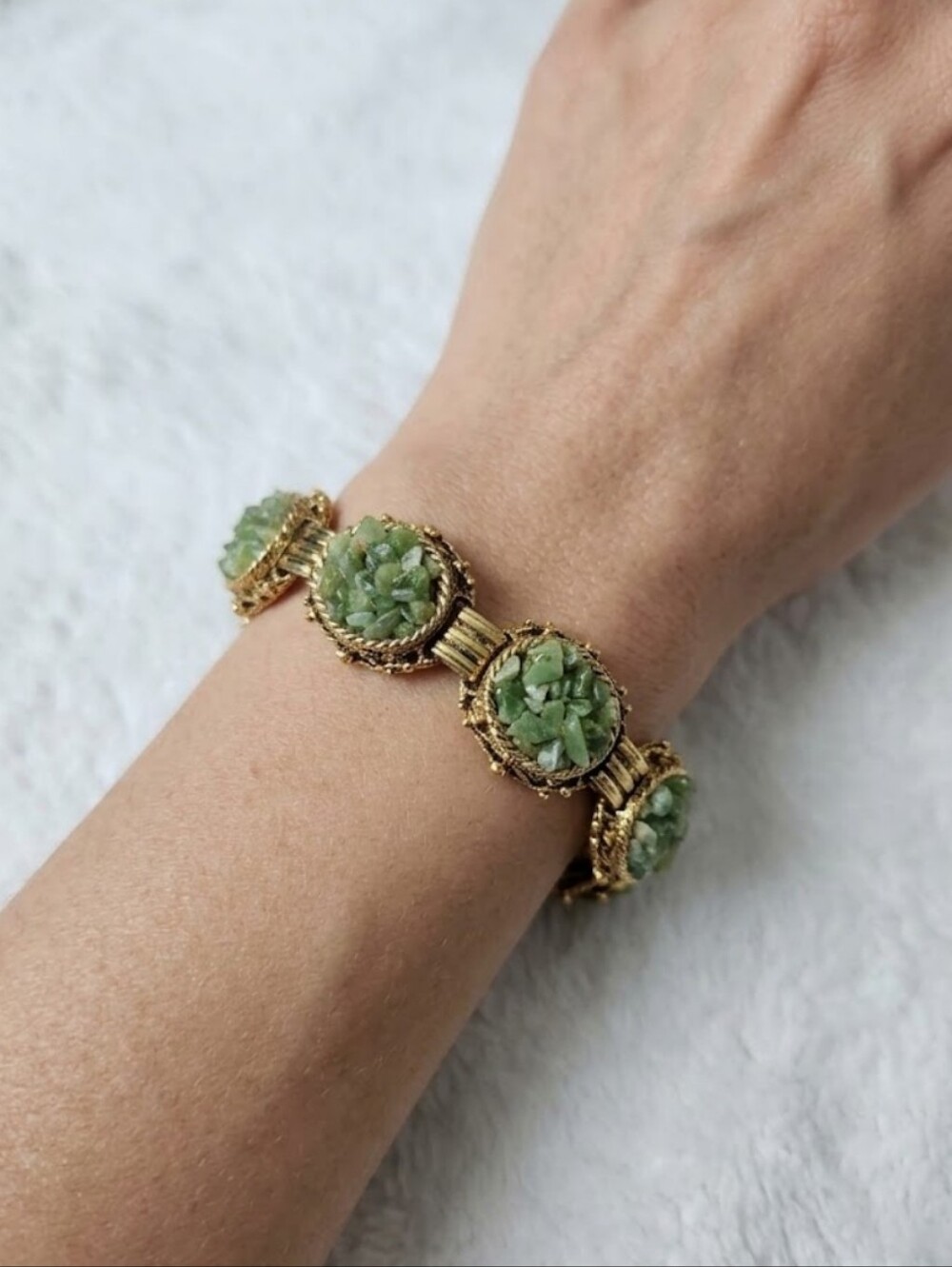 Vintage 60's/70's Century Gold Tone Chipped Jade Ornate Statement Bracelet